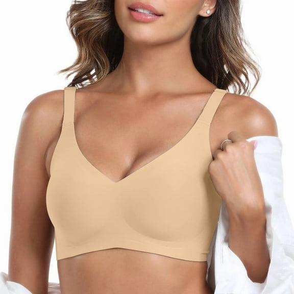 Smoothing Seamless Full Coverage Bra for Women Wireless Bras with Soft Support Regular and Plus Size Womens No Underwire Deep V Bra Push Up Everyday Bras Beige 3XL