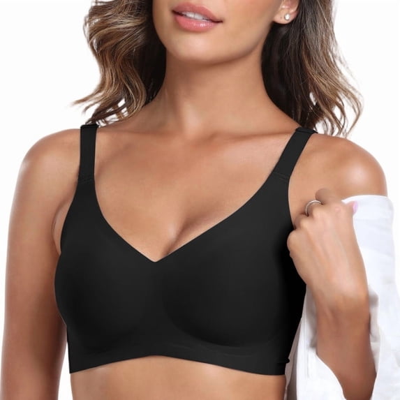 Smoothing Seamless Full Coverage Bra for Women Wireless Bras with Soft Support Regular and Plus Size Womens No Underwire Deep V Bra Push Up Everyday Bras Black 2XL