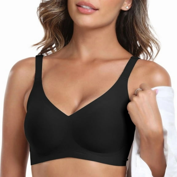 Smoothing Seamless Full Coverage Bra for Women Wireless Bras with Soft Support Regular and Plus Size Womens No Underwire Deep V Bra Push Up Everyday Bras Black L