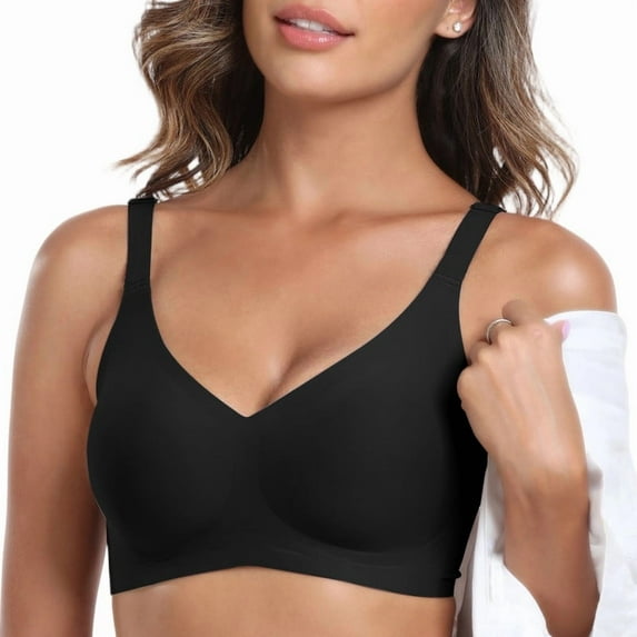 Smoothing Seamless Full Coverage Bra for Women Wireless Bras with Soft Support Regular and Plus Size Womens No Underwire Deep V Bra Push Up Everyday Bras Black XL