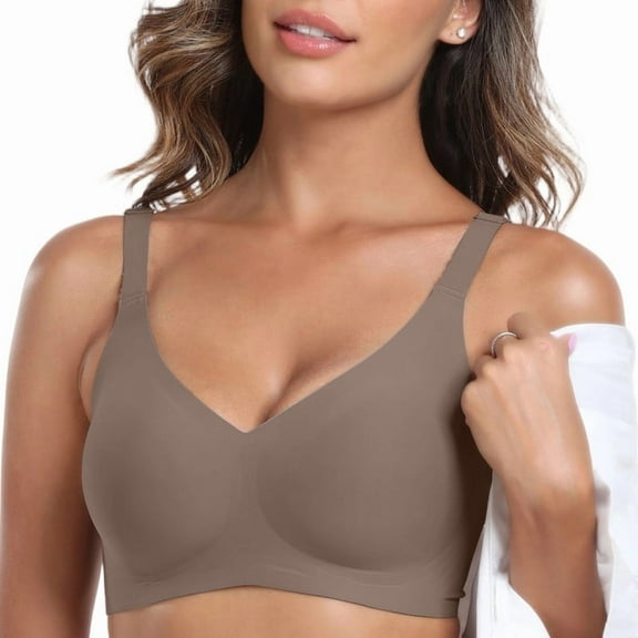 Smoothing Seamless Full Coverage Bra for Women Wireless Bras with Soft Support Regular and Plus Size Womens No Underwire Deep V Bra Push Up Everyday Bras Gray XL