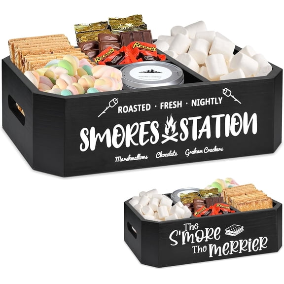 Smores Caddy, Wooden S'mores Station with Handles, Farmhouse Smores Bar Holder Organizer, Smores Maker Box for Smores Kit, Smores Box Camping Storage Containers, Decorative Serving Tray