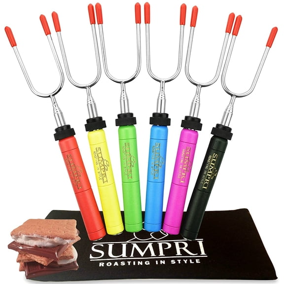 Smores Sticks For Fire Pit - Marshmallow Roasting Sticks For Campfire, Rotating Smore Sticks Set of 6 - Safe, Fun Telescoping Multicolored 34 Inch Hot Dog Sticks - Long Camping Skewers