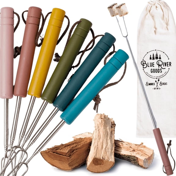 Smores Sticks | Set of 6 Marshmallow Roasting in Boho Colors Extendable Stainless Steel w/Solid Wood Handles for Fire Pit Smore