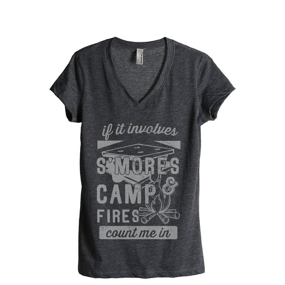 Smores and Campfires Count Me In Women's Fashion Relaxed V-Neck T-Shirt Tee Charcoal Grey Large