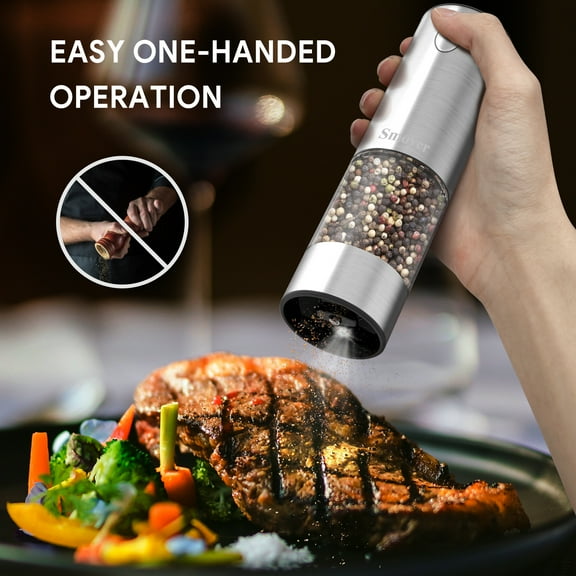 Smoyer 2 Pack Premium Stainless Steel Electric Salt and Pepper Grinder Mills Set, Sliver