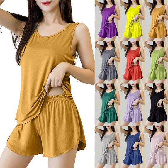 Smsaxvxz 2 Pack Womens Tank Pajamas Set Summer Casual Solid Crew Neck Sleeveless Tank Top and Shorts Sleepwear Nightwear Gold M
