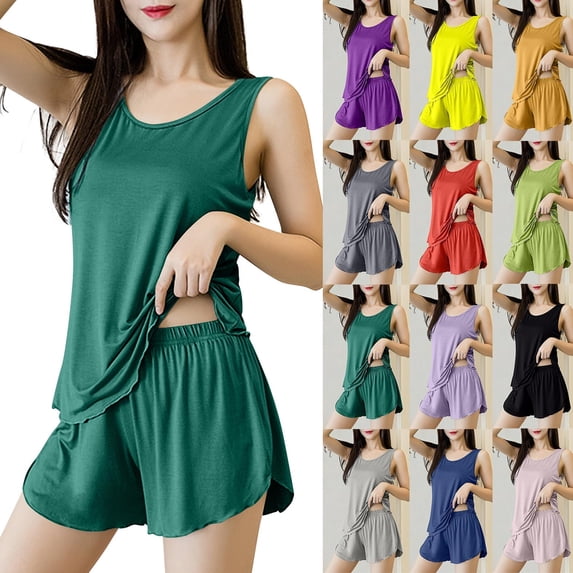 Smsaxvxz 2 Pack Womens Tank Pajamas Set Summer Casual Solid Crew Neck Sleeveless Tank Top and Shorts Sleepwear Nightwear Green 2XL