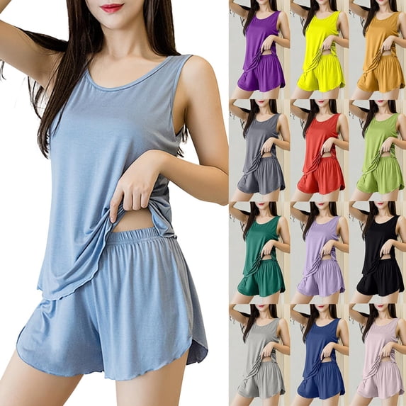 Smsaxvxz 2 Pack Womens Tank Pajamas Set Summer Casual Solid Crew Neck Sleeveless Tank Top and Shorts Sleepwear Nightwear Sky Blue L
