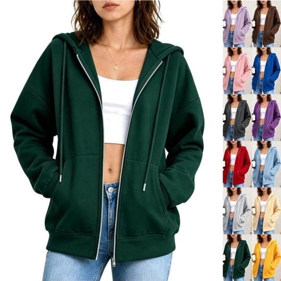 Smsaxvxz 2026 Zip Up Hoodies for Women Fall Winter Casual Sweatshirts Zipper Lightweight Jackets with Pockets Green XL