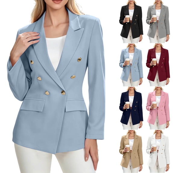 Smsaxvxz Blazers for Women Fashion Solid Double Breasted Suit Jacket Office Lady Casual Long Sleeve Blazer Suits Light Blue 2XL