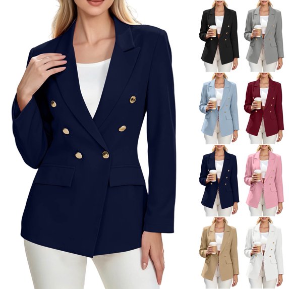 Smsaxvxz Blazers for Women Fashion Solid Double Breasted Suit Jacket Office Lady Casual Long Sleeve Blazer Suits Navy M