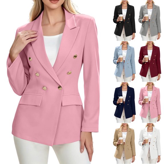 Smsaxvxz Blazers for Women Fashion Solid Double Breasted Suit Jacket Office Lady Casual Long Sleeve Blazer Suits Pink L