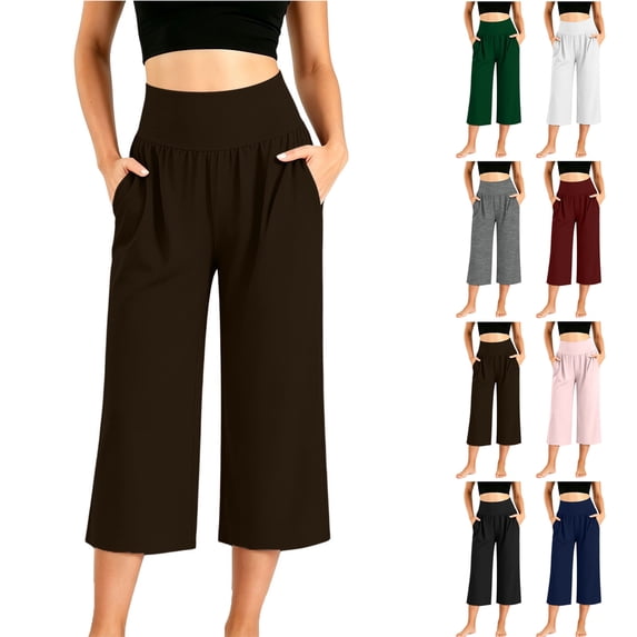 Smsaxvxz Capri Pants for Women Wide Leg Yoga Cropped Pants Capri Leggings with Pockets for Casual Summer Coffee 2XL