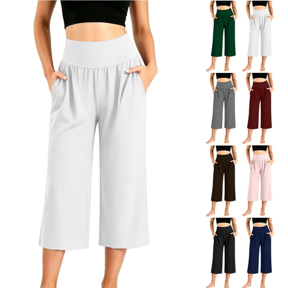 Smsaxvxz Capri Pants for Women Wide Leg Yoga Cropped Pants Capri Leggings with Pockets for Casual Summer White M