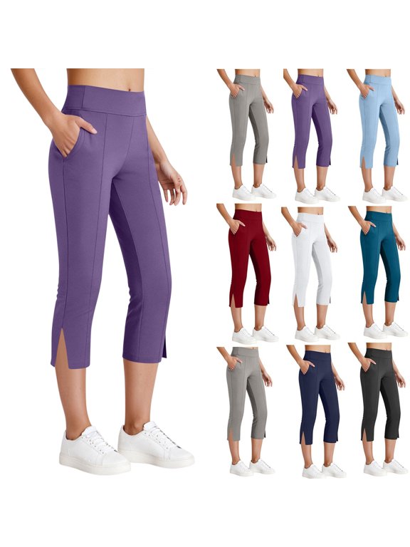 Capri Yoga Pants for Women High Waist Tummy Slit Hem Control Leggings with Pockets Purple S