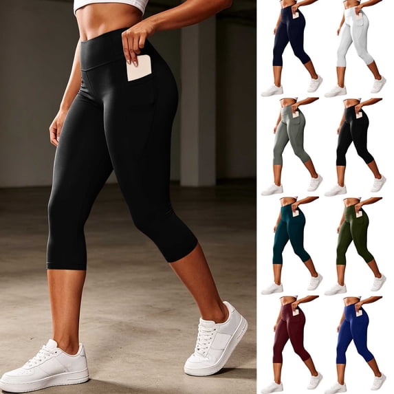 Smsaxvxz Capri Yoga Pants for Women Leggings High Waisted Yoga Workout Casual Summer With Pockets Black 2XL