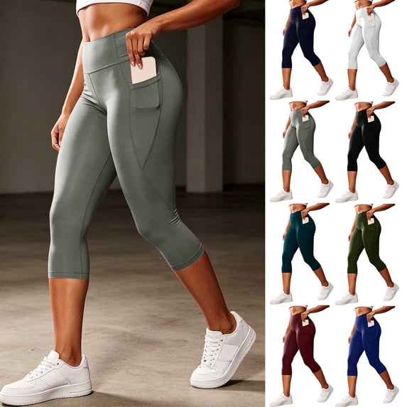 Smsaxvxz Capri Yoga Pants for Women Leggings High Waisted Yoga Workout Casual Summer With Pockets Gray L