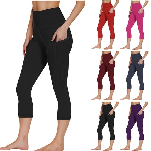 Smsaxvxz Capri Yoga Pants for Women Soft Comfy Solid High Waist Pants Workout Leggings with Pockets Black S