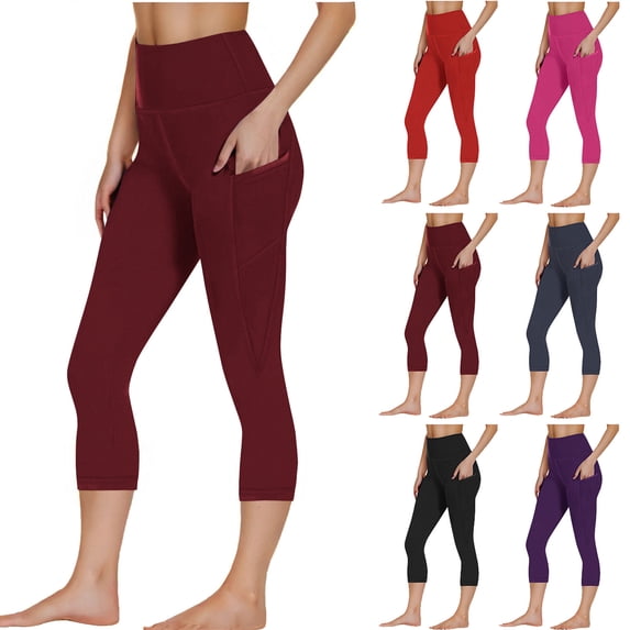 Smsaxvxz Capri Yoga Pants for Women Soft Comfy Solid High Waist Pants Workout Leggings with Pockets Wine S