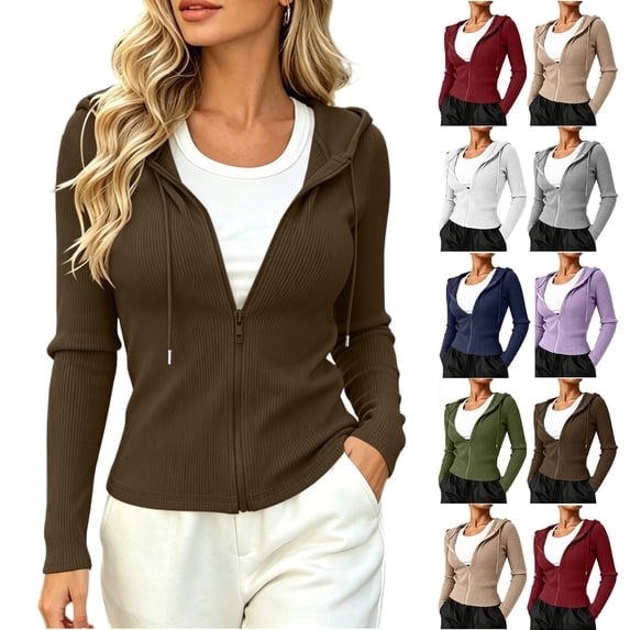 Smsaxvxz Cardigan Sweaters for Women Fashion Zip Up Ribbed Knit Slim Fit Hoodies Jacket Soft Travel Office Outerwear Brown M