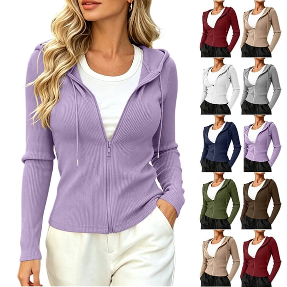 Smsaxvxz Cardigan Sweaters for Women Fashion Zip Up Ribbed Knit Slim Fit Hoodies Jacket Soft Travel Office Outerwear Purple XL