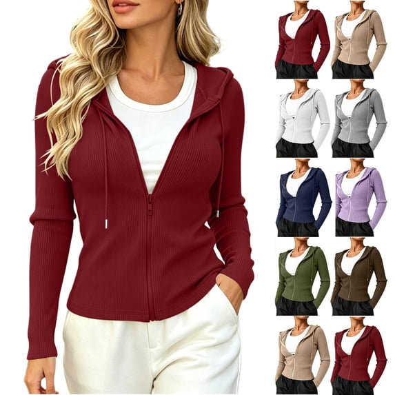 Smsaxvxz Cardigan Sweaters for Women Fashion Zip Up Ribbed Knit Slim Fit Hoodies Jacket Soft Travel Office Outerwear Wine XL