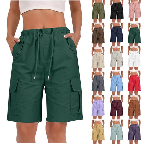 Smsaxvxz Cargo Shorts for Women Fashion Solid Drawstring Elastic Waist Casual Loose Summer Beach Pants Green XL