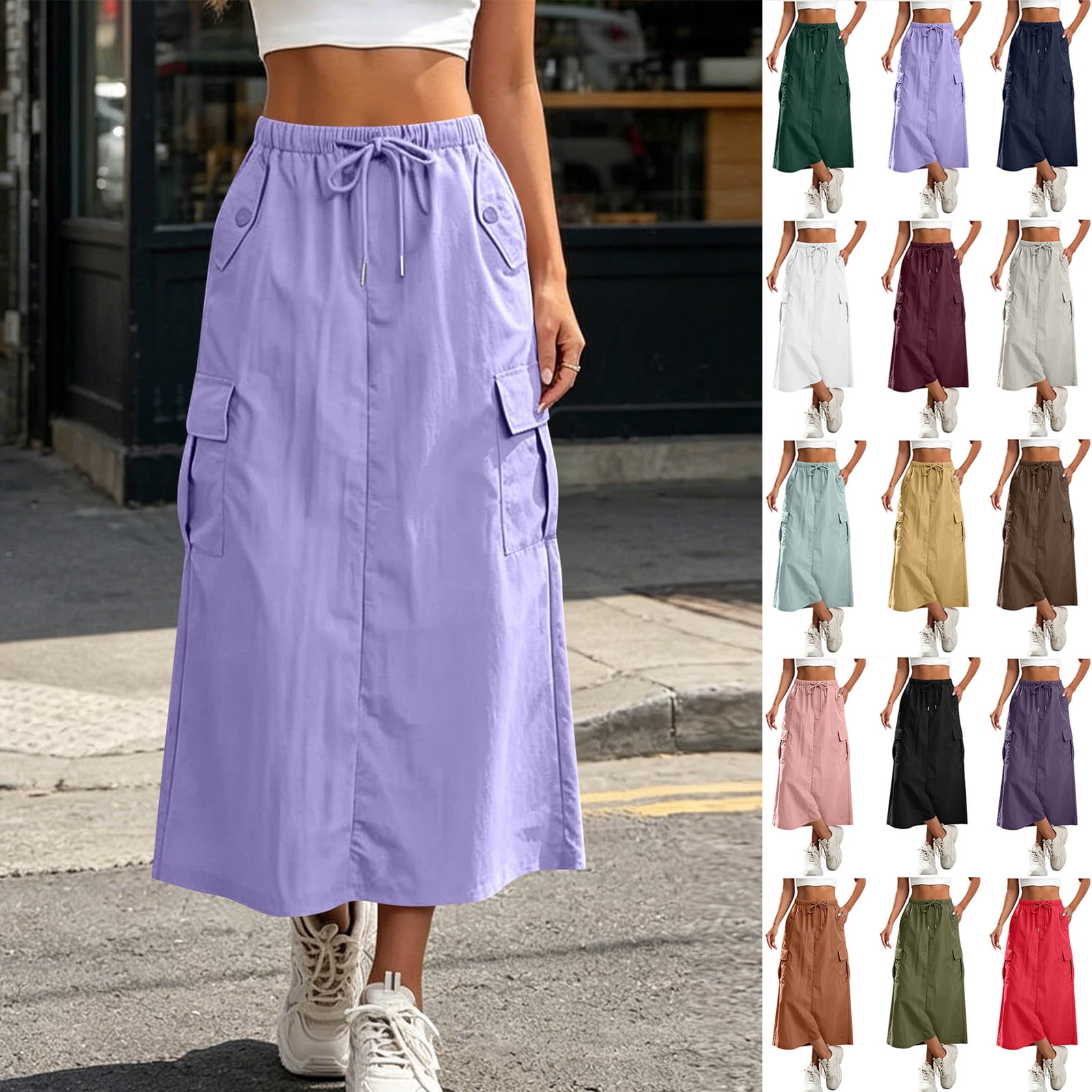 Smsaxvxz Cargo Skirt for Women Casual Solid Drawstring Elastic