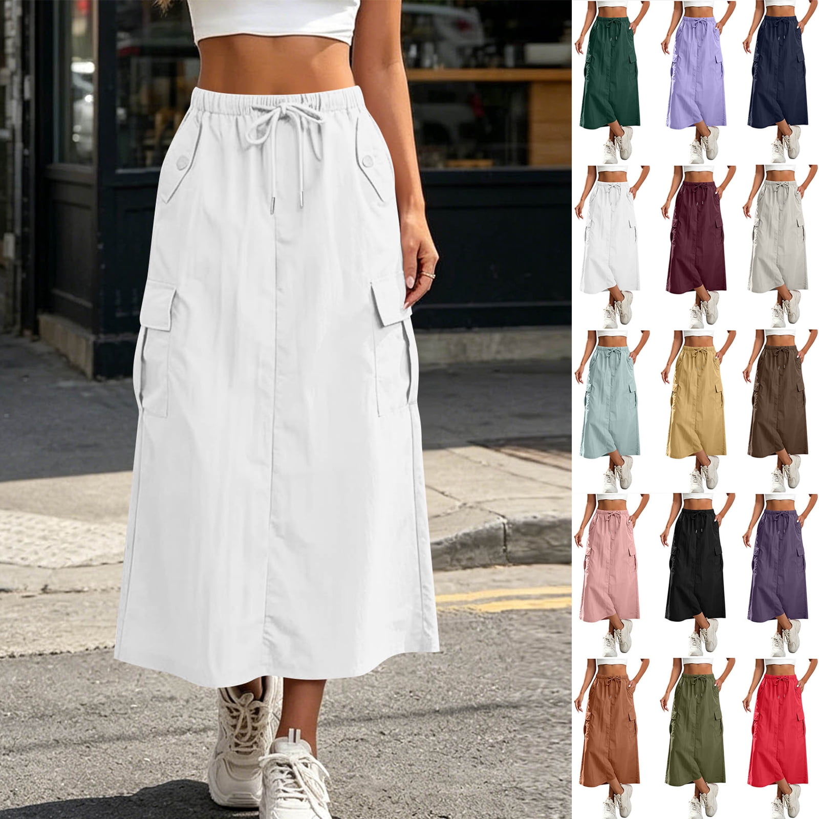 Smsaxvxz Cargo Skirt for Women Casual Solid Drawstring Elastic