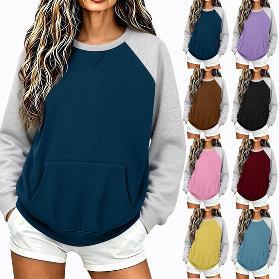 Smsaxvxz Color Block Sweatshirts for Women Crew Neck Long Sleeve Shirts Fashion Pullover Tops Fall Outfits Navy 2XL