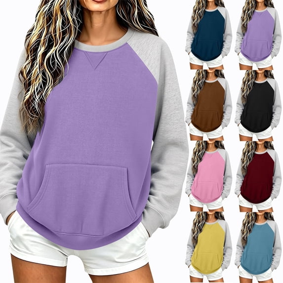 Smsaxvxz Color Block Sweatshirts for Women Crew Neck Long Sleeve Shirts Fashion Pullover Tops Fall Outfits Purple XL