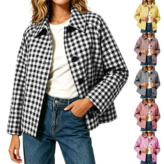 Smsaxvxz Cropped Jackets for Women 2026 Fall Fashion Plaid Button Down Coat Tops with Pockets Black M
