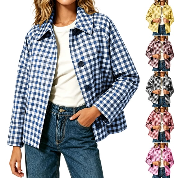 Smsaxvxz Cropped Jackets for Women 2026 Fall Fashion Plaid Button Down Coat Tops with Pockets Blue M