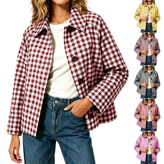 Smsaxvxz Cropped Jackets for Women 2026 Fall Fashion Plaid Button Down Coat Tops with Pockets Purple S