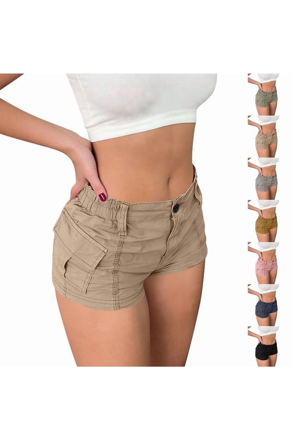 Denim Cargo Shorts for Women Fashion Solid Pockets Bottoms Casual Summer Beach Shorts Khaki L