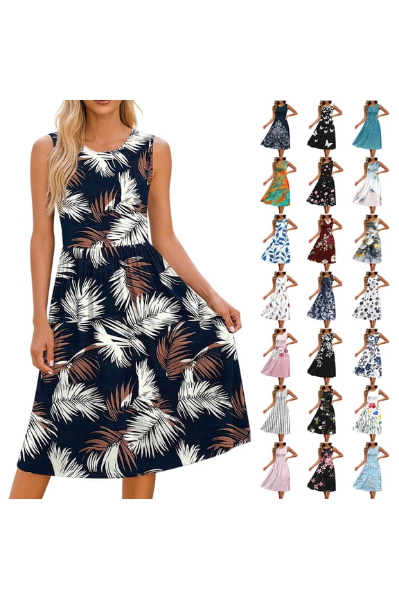 Summer Dresses for Women Fashion Strip Crew Neck Sleeveless Elastic Waist Casual Midi Sundress Black 02 S