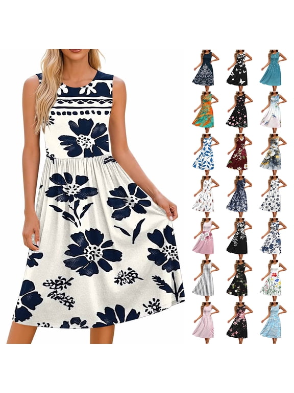 Summer Dresses for Women Fashion Strip Crew Neck Sleeveless Elastic Waist Casual Midi Sundress Khaki 2XL