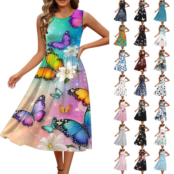 Smsaxvxz Summer Dresses for Women 2026 Casual Floral Printed Crew Neck Sleeveless Elastic Waist Loose Fit Midi Sundress Pink M