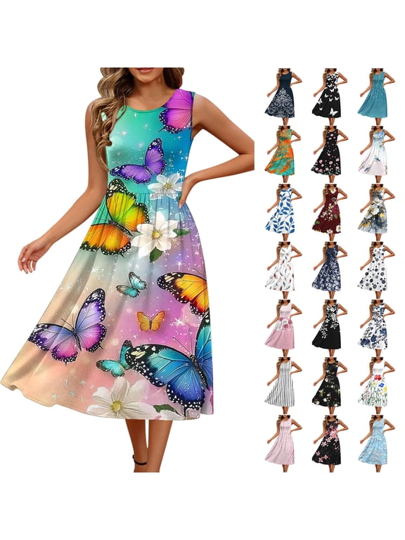 Summer Dresses for Women 2026 Casual Floral Printed Crew Neck Sleeveless Elastic Waist Loose Fit Midi Sundress Pink XL