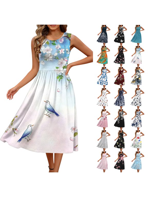 Summer Dresses for Women 2026 Casual Floral Printed Crew Neck Sleeveless Elastic Waist Loose Fit Midi Sundress Sky Blue L