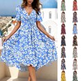 thumbnail image 1 of Smsaxvxz Dresses for Women Fashion Floral Printed V Neck Short Sleeve Bandage Pleated Knee Length Sundress Beach Summer Dresses Light Blue M, 1 of 7