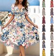 thumbnail image 1 of Smsaxvxz Dresses for Women Fashion Floral Printed V Neck Short Sleeve Bandage Pleated Knee Length Sundress Beach Summer Dresses Pink 01 2XL, 1 of 7