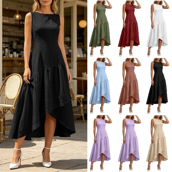 Smsaxvxz Dresses for Women Fashion Solid Crew Neck Sleeveless Irregular Ruffle Hem Casual Beach Summer Sundress Black 2XL