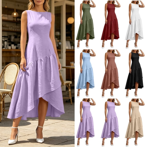 Smsaxvxz Dresses for Women Fashion Solid Crew Neck Sleeveless Irregular Ruffle Hem Casual Beach Summer Sundress Purple M