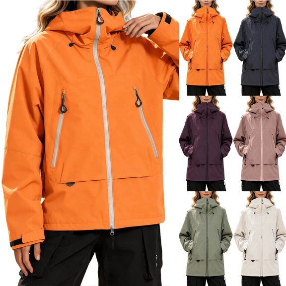 Smsaxvxz Fall Jackets for Women Hooded Windbreaker Water-Resistant Long Coat Outdoor Trench Coat with pockets Orange S