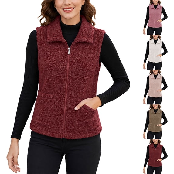 Smsaxvxz Fleece Vest for Women Trendy Warm Sleeveless Jacket Lightweight Zip Coats with Pockets Fall Fashion Outerwear Red S
