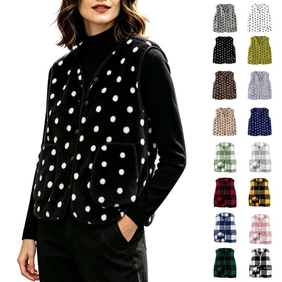 Smsaxvxz Fleece Vest for Women Trendy Warm Sleeveless Polka Dots Vests Jacket Casual Button Coats with Pockets Black 3XL