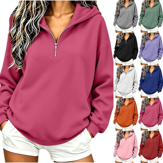 Smsaxvxz Half Zipper Oversized Sweatshirts for Women Casual Long Sleeve Shirts Solid Pullover Tops Fashion Fall Outfits Hot Pink S