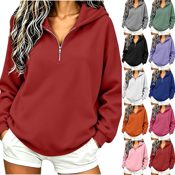 Smsaxvxz Half Zipper Oversized Sweatshirts for Women Casual Long Sleeve Shirts Solid Pullover Tops Fashion Fall Outfits Red L